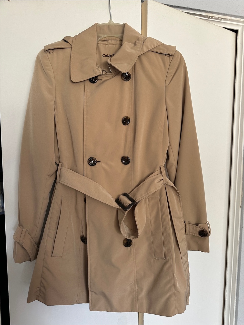 Calvin Klein Beige Double-Breasted Trench Coat with Belt
